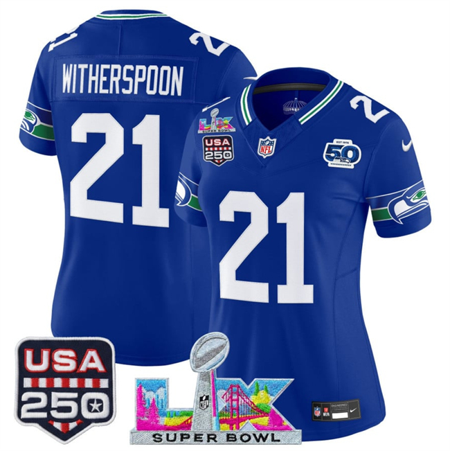Women's Seattle Seahawks #21 Devon Witherspoon Royal 2025 F.U.S.E. Super Bowl LX Patch And 50th Season & USA 250' Patch Vapor Throwback Limited Stitched Football Jersey(Run Small)